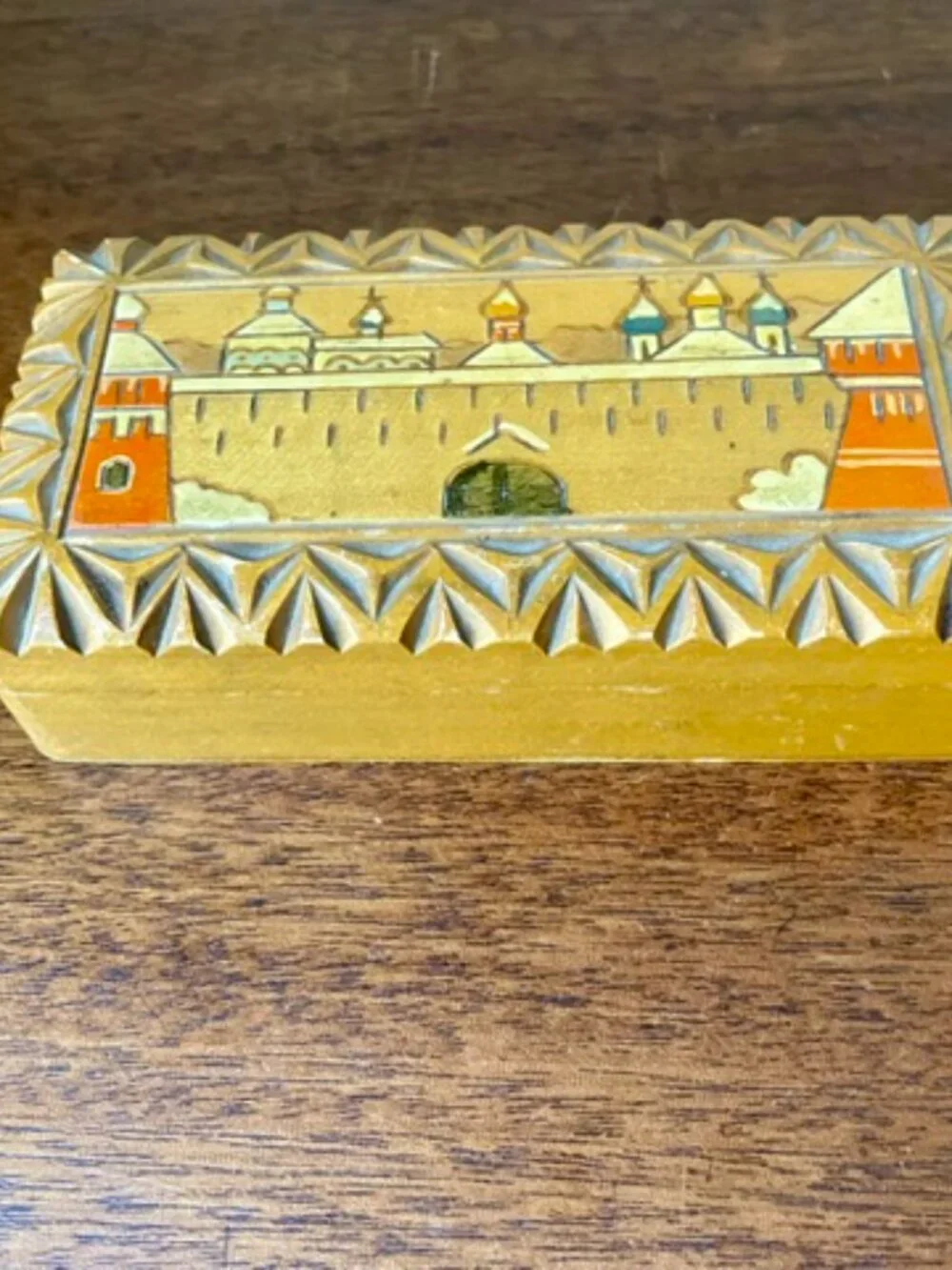 Soviet Era Trinket Wood Box w/ Dome Buildings Handmade